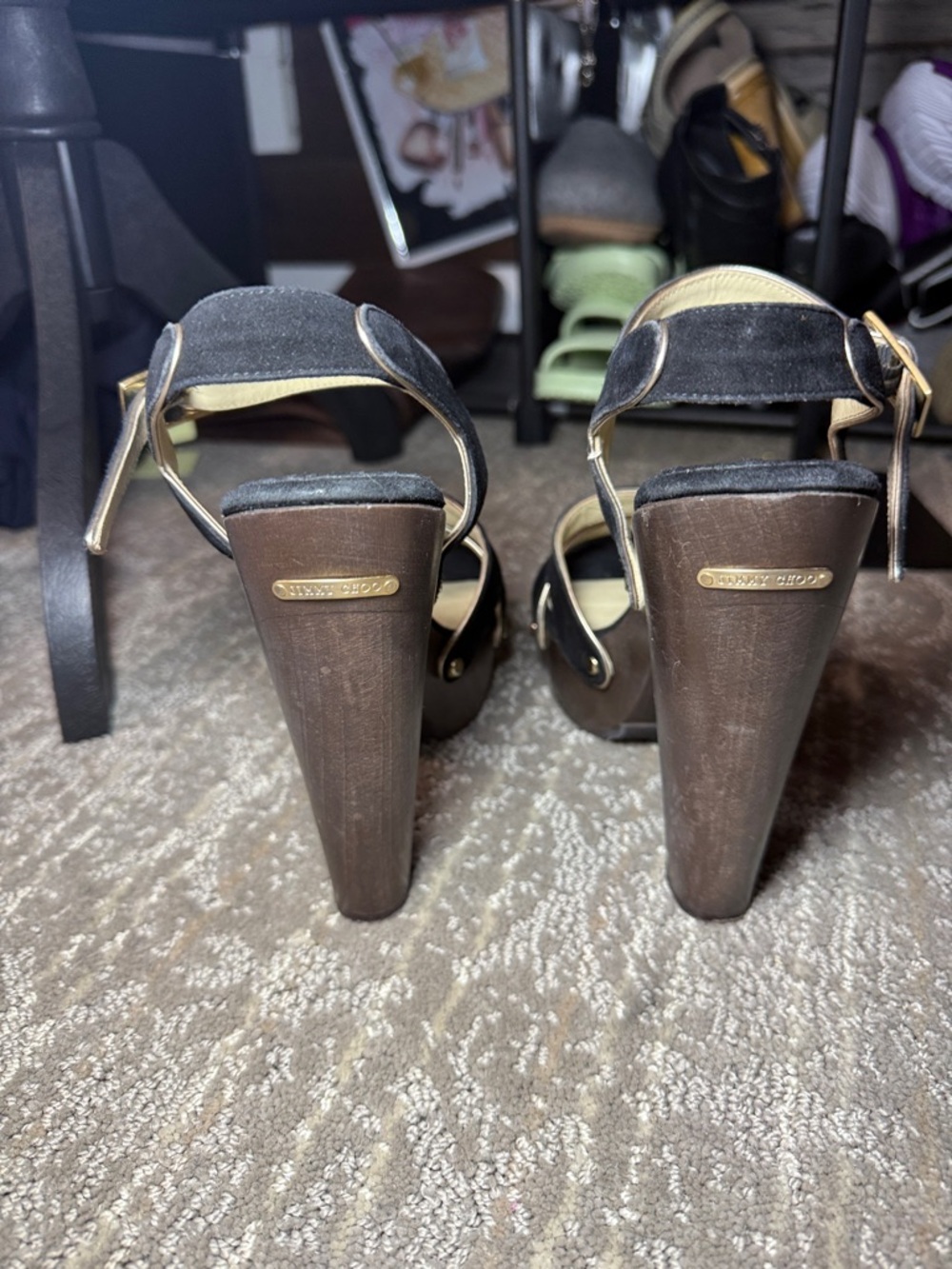 Jimmy Choo Black Suede and Wood Platform Heels - Picture 3 of 7